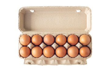 Top view of fresh chicken eggs in paper box package isolated on white background included clipping path.