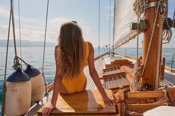 Woman in yellow swimwear looking at the ocean view sitting on a boat. Woman in yellow swimwear sitting on boat looking at the view. Woman enjoying the ocean view from a boat on a cruise - obrazy, fototapety, plakaty