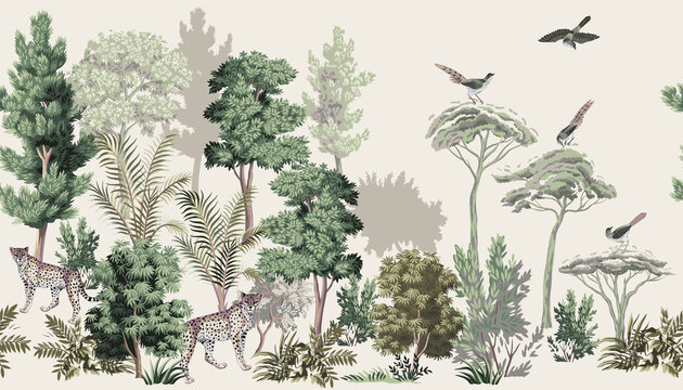 Forest vintage botanical landscape, leopard, bird, trees, bush floral seamless border. Nature mural. © good_mood