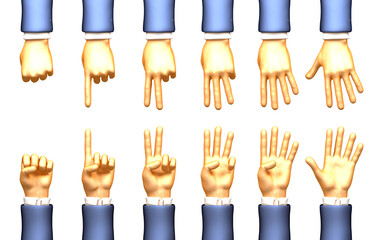 Hand counting from one to five isolated on white background. 3D illustrations of palms with raised fingers. Finger counter.