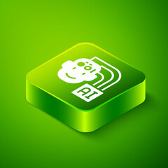 Isometric Humanoid robot icon isolated on green background. Artificial intelligence, machine learning, cloud computing. Green square button. Vector