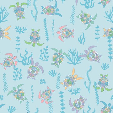 Sea turtles vector seamless pattern