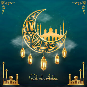 Eid Al-adha islamic post design with frame decoration and calligraphy