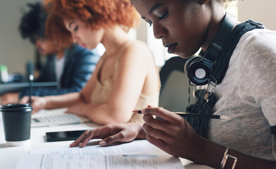 A diverse group of students reading paperwork and studying. A young student reading her academic...