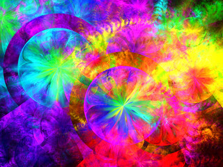 Composición de arte imaginario digital consistente en círculos y manchas fluorescentes formando...