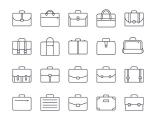 Vector line set briefcase icons. Editable stroke. Laptop bag, school backpack. Travel work design elements. Stock illustration isolated on white background