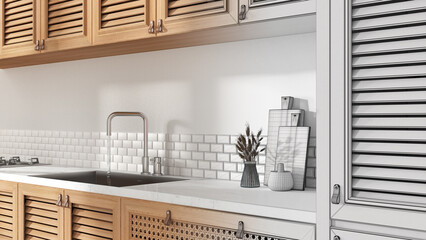 Architect interior designer concept: hand-drawn draft unfinished project that becomes real, kitchen, close up. Cabinets with shutters and rattan drawers, leather handles