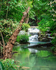 beautiful emerald waterfalls green forest mountains guiding for backpacker Thailand destinations backpacking camping relaxing hiking at Erawan waterfall national park, Sinakharin Dam, Kanchanaburi.