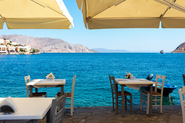 Empty wooden table and view of the sea background.