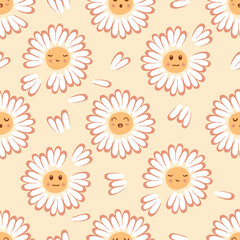 Daisy flowers childish seamless pattern with cartoon cute faces. Floral characters print with emotions. Kids vector illustration for decor and design.