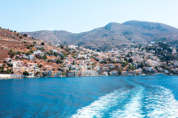 View of traditional colorful houses on Symi island, Greece, Dodecanese