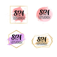 Spa studio.  Digital hand lettering. Set of 4 logotypes. Logo for company cosmetic business packaging. Black letters on the pastel color in golden geometric frames. Fashion luxury logotype emblem.