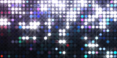 Glowing pattern wallpaper. Glamour background of colorful lights with spotlights. Shining lights party leds on black background. Digital illustration of stage or stadium spotlights.