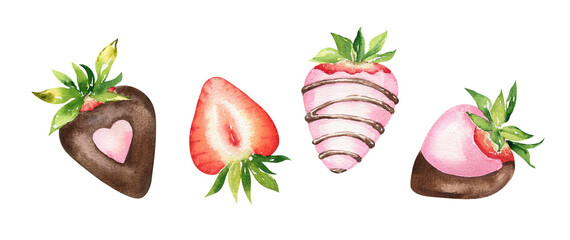 Set of chocolate covered strawberries illustration isolated on white background. Valentine’s day dessert, romantic snack, food gift drawing for any design