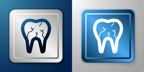 White Broken tooth icon isolated on blue and grey background. Dental problem icon. Dental care symbol. Silver and blue square button. Vector