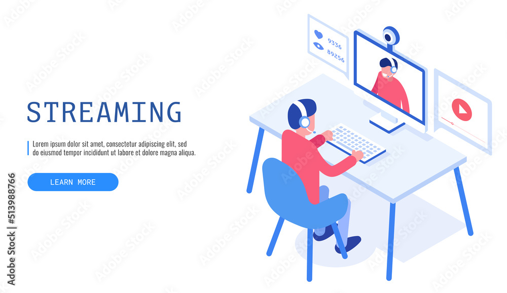 Poster concept of video blogging. man sitting in front of computer and streaming online. web banner. vector