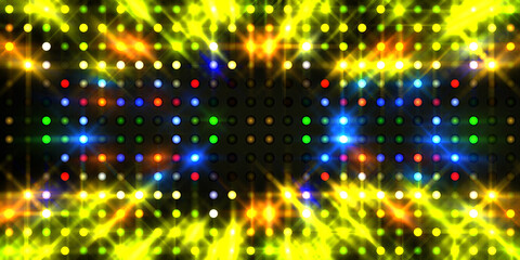 Shining lights party leds on black background. Digital illustration of stage or stadium spotlights. Glowing pattern wallpaper. Glamour background of colorful lights with spotlights.