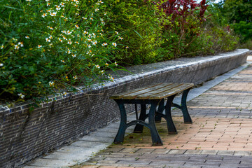 Fototapeta na wymiar Close-up of benches on city sidewalk