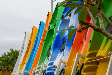 Close-up of professional kayak in colorful colors