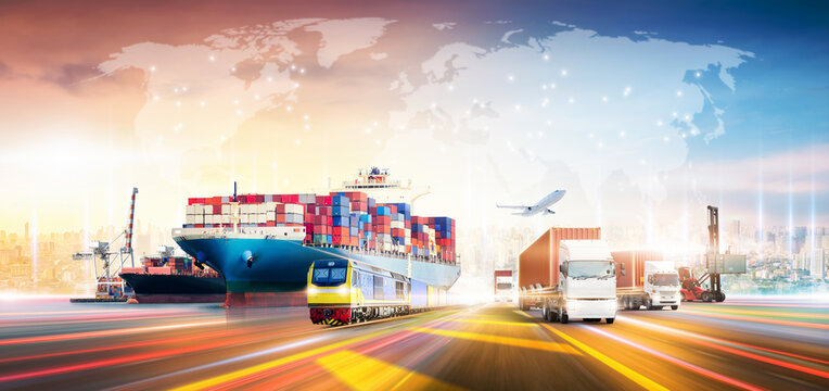 Global business logistics technology network distribution on world map background, Smart logistics import export and transportation industrial concept of container cargo freight ship, Truck on highway