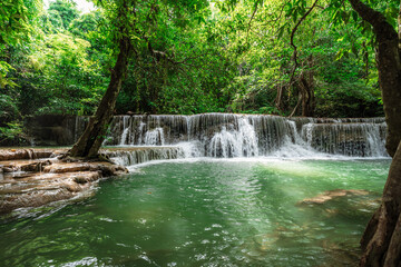 beautiful emerald waterfalls green forest mountains guiding for backpacker Thailand destinations backpacking camping relaxing hiking at Huai Mae Khamin waterfall national park, Kanchanaburi.