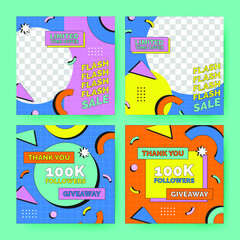 90's Social Media Post Background Illustration with Memphis Style And Geometric Pattern Template Collection Set 