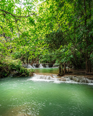 beautiful emerald waterfalls green forest mountains guiding for backpacker Thailand destinations backpacking camping relaxing hiking at Huai Mae Khamin waterfall national park, Kanchanaburi.