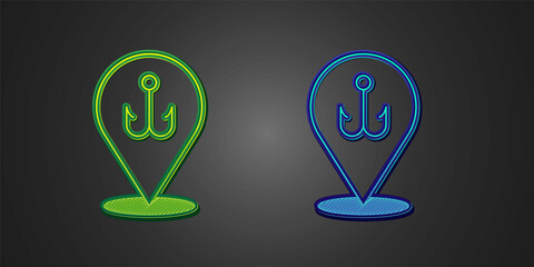 Green and blue Fishing hook icon isolated on black background. Fishing tackle. Vector