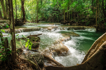 beautiful emerald waterfalls green forest mountains guiding for backpacker Thailand destinations backpacking camping relaxing hiking at Huai Mae Khamin waterfall national park, Kanchanaburi.