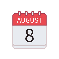 Calendar icon of 8 August. Date and month. Flat vector illustration..
