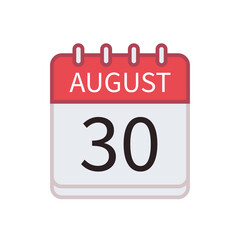 Calendar icon of 30 August. Date and month. Flat vector illustration..