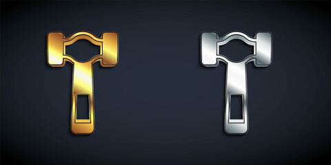 Gold and silver Hammer icon isolated on black background. Tool for repair. Long shadow style. Vector