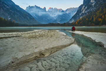 autumn mountain lake. Lago di Landro, Dolomites Alps, Italy