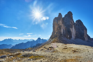 famous peaks of Tre Cime di Lavaredo National park, UNESCO world heritage site in Dolomites, Italy - obrazy, fototapety, plakaty