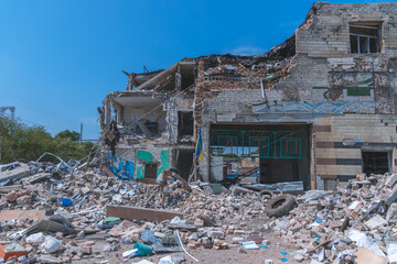 A Russian missile hit the building. Consequences of a Russian strike on peaceful civilian facilities in the city of Dnipro. War of Russia against Ukraine.