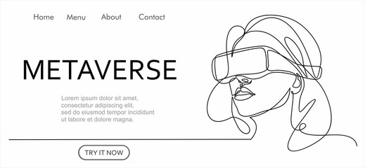 Metaverse digital cyber world technology, woman with virtual reality VR goggle continuous one line drawing. Can used for logo, emblem, slide show and banner. Illustration with quote template.  