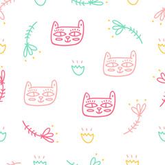 Charming vector pattern with pink kittens and flowers on a white background. Cute abstract children's scandinavian-style doodles for textiles, fabric, print, wrappers, gifts, greetings, for children