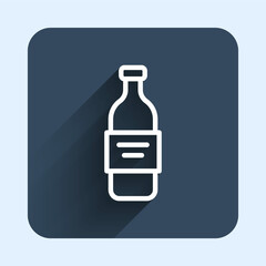 White line Glass bottle of vodka icon isolated with long shadow background. Blue square button. Vector
