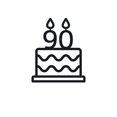 Birthday cake line icon with candle number 90 (ninety). Vector.