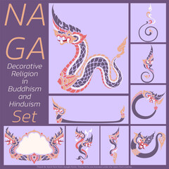 Naga decorative religion in Buddhism and Hinduism Set-Vector Illustration - obrazy, fototapety, plakaty