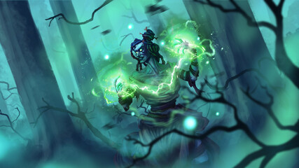 A young witch with dreadlocks casts dark magic in the forest. There is fog around the girl. 2d illustration © Iobard