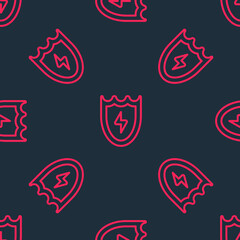 Obraz premium Red line Lightning and shield icon isolated seamless pattern on black background. High voltage shield. Safe energy. Vector