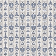 French blue crown motif seamless pattern. Tonal country cottage style abstract motif background. Simple vintage rustic fabric textile effect. 
