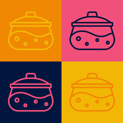 Pop art line Cooking pot icon isolated on color background. Boil or stew food symbol. Vector