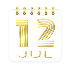 12 day of the month. July. Luxury calendar daily icon. Date day week Sunday, Monday, Tuesday, Wednesday, Thursday, Friday, Saturday. Gold text. White background. Vector illustration.
