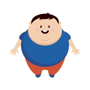 Smiling fat boy icon vector. Funny overweight man cartoon character. Chubby boy design element isolated on a white background. Happy obese man in a blue shirt drawing