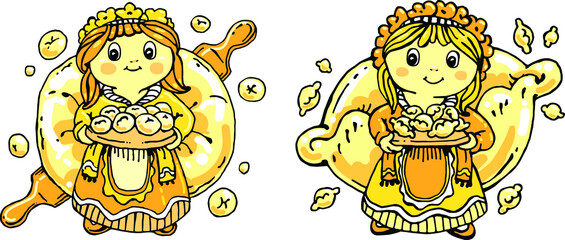 Vector illustration of women in slav costumes with dumplings and buns. Artwork with two Ukrainian female characters with flour products of national ethnic cuisine.