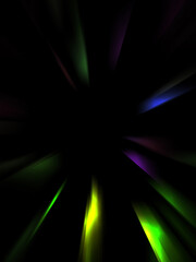 Dynamic rays of light isolated on black background. Graphic 2D illustration of glowing colorful light particles.