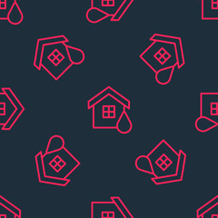 Red line House flood icon isolated seamless pattern on black background. Home flooding under water. Insurance concept. Security, safety, protection, protect concept. Vector