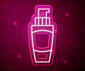 Glowing neon line Tube of hand cream icon isolated on red background. Vector